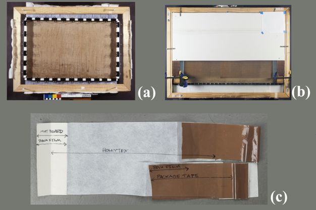 Image labeled A is a view underneath of a painting held by a standard wooden stretcher showing tacking margins held by numerous bulldog clips. Image b shows a view underneath a stretcher holding a painting using clamps and a mending plate, with space to access the lower part of the painting. Image C is a mock-up showing the placement of various elements placed on top of one another, including Hollytex, mat board, beva film, and package tape.