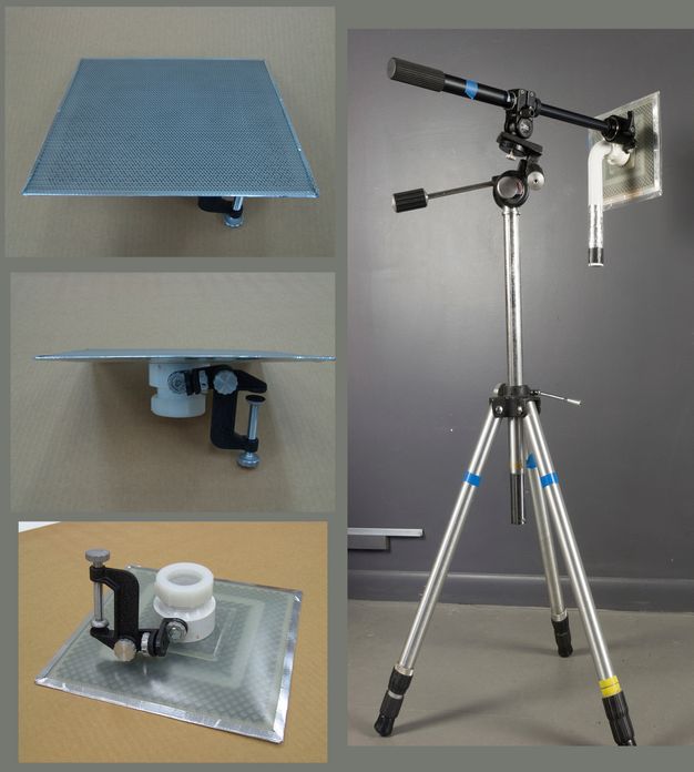 The left image shows three views, top, side, and bottom, of a suction platen, which is a device comprised of a metal plate with a suction device and clamp attached to its rear. The right image shows a tripod with its arm attached to the rear of the suction platen. There is also a pipe-like device attached to the suction device on the back of the suction platen that extends downward.