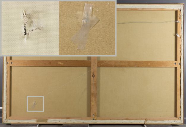 A rear view of a large canvas painting. An inset detail of one section shows a tear in the canvas that is taped over in the back of the canvas, while another inset detail shows the front view of this tear which is untreated.