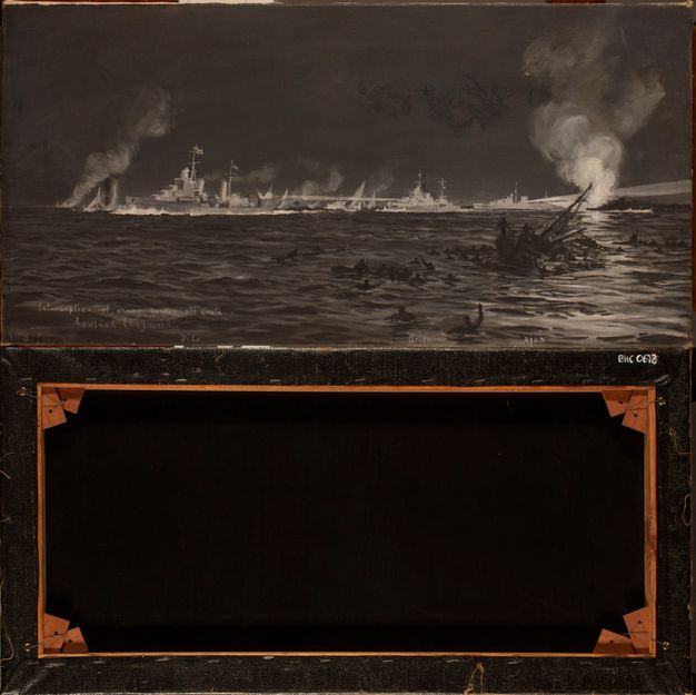 Photo (top) of a seascape oil painting depicting a battle with sinking ships that line the horizon. Additional photo (bottom) of the black painting backing.