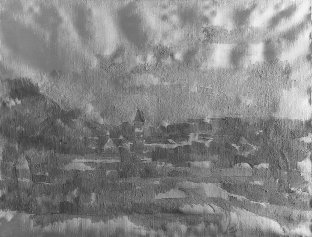 Black and white (raking light) photo of a seascape oil painting (a).
