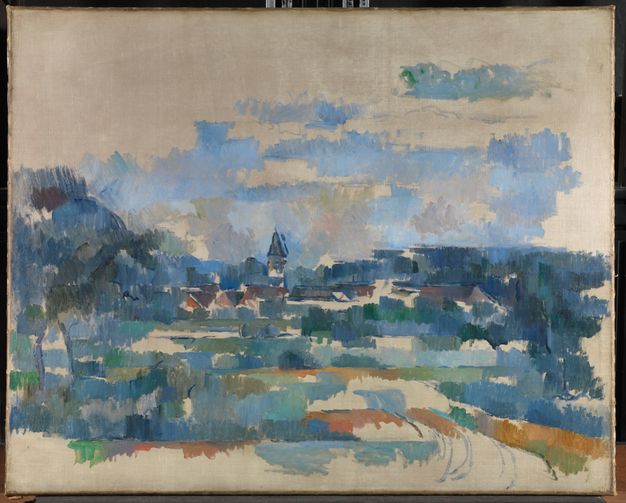 To the left (b), a photo of the same painting in normal light.