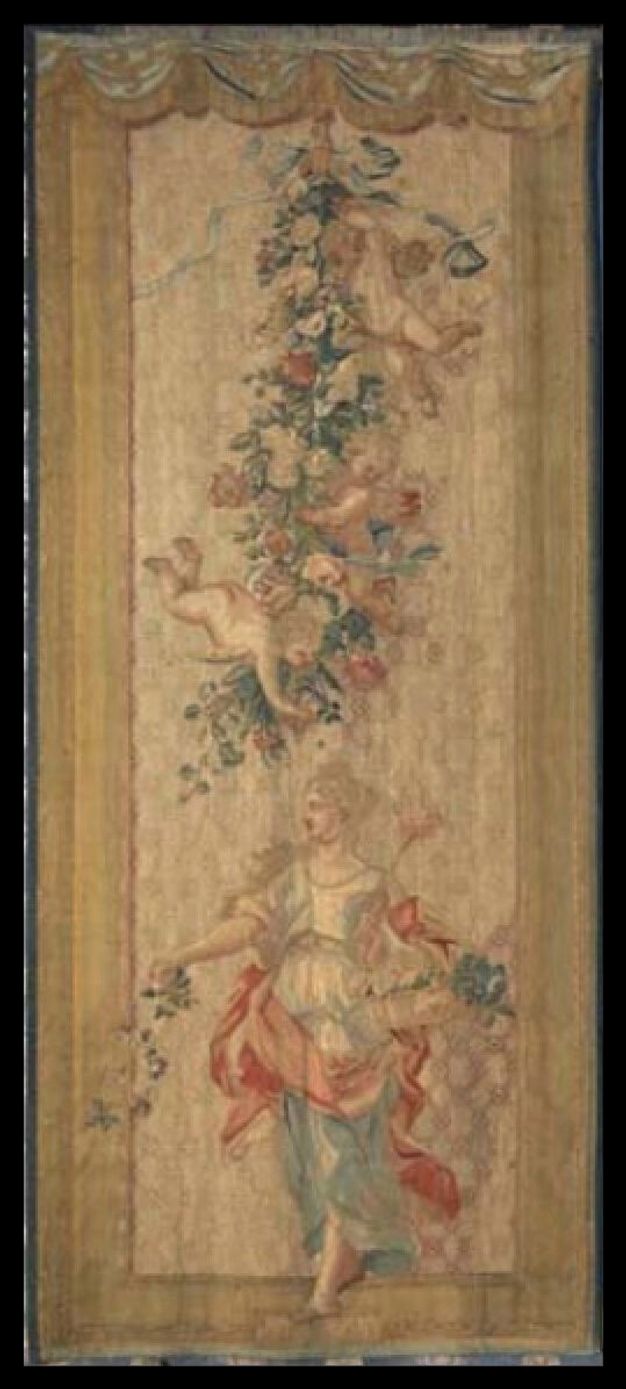 A long, golden tapestry embroidered with flowers, angels, and a woman in flowing fabric.