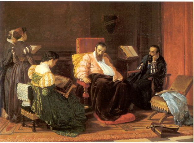 Oil painting of warm tones. It depicts five persons of nobility lounging in a living space.