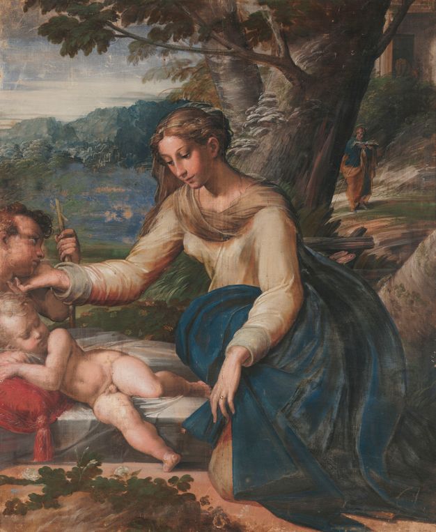 Painting of a clothed woman sitting under a tree. She looks down at a child as she carresses their face in her palm.