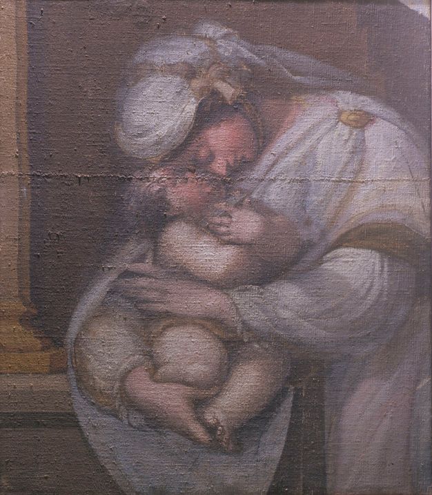 Painting of a woman clothed in white as she holds a baby to her chest. Her eyes are closed.