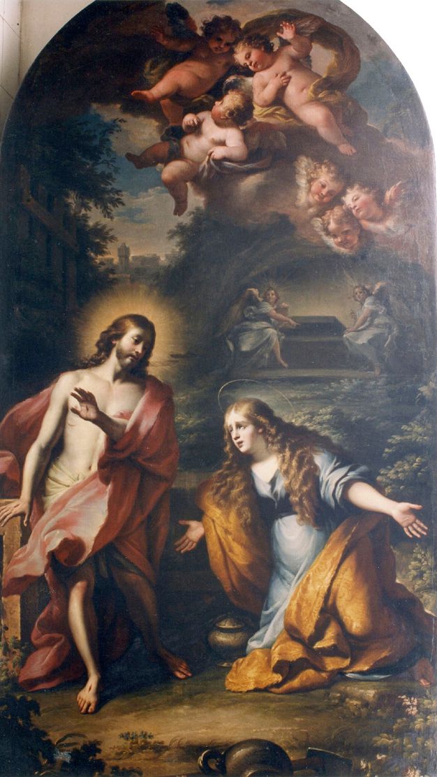 Religious oil painting of Jesus Christ (left) with angels (right and top).