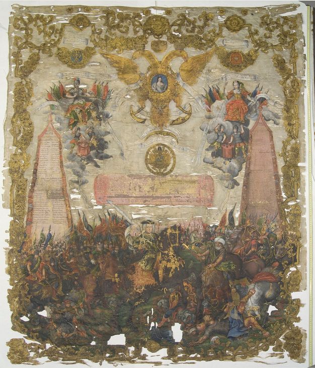 Silk tapestry painted with dark and golden hues. It depicts angels (top) over a battle (bottom).