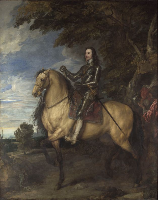 An untreated oil painting of an armored man riding a pale horse, both facing left. To the right, a man holds the rider's helmet.