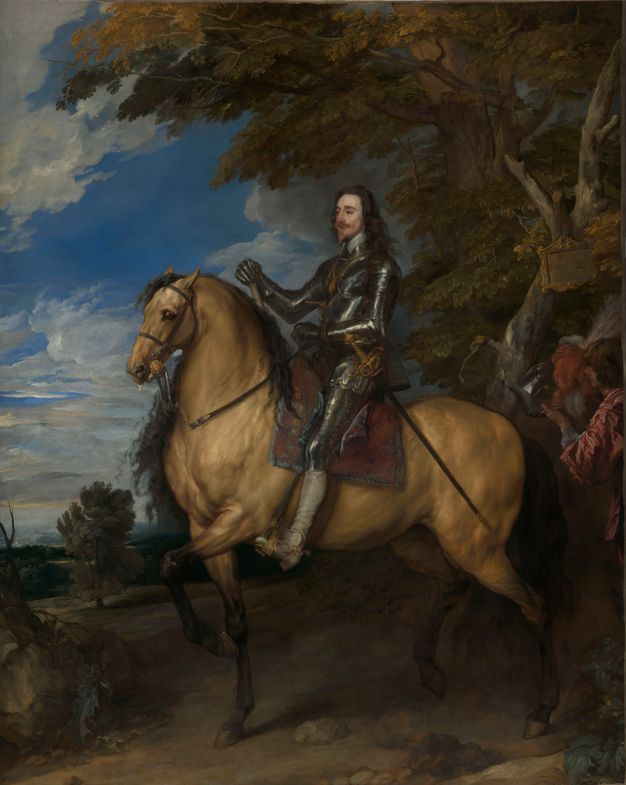 A now-treated oil painting of an armored man riding a pale horse, both facing left. To the right, a man holds the rider's helmet.