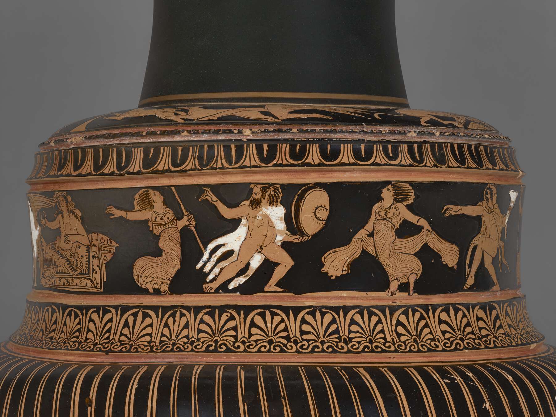 Smaller detail of the foot, with several people, the one in the middle draped in an animal skin and carrying a shield