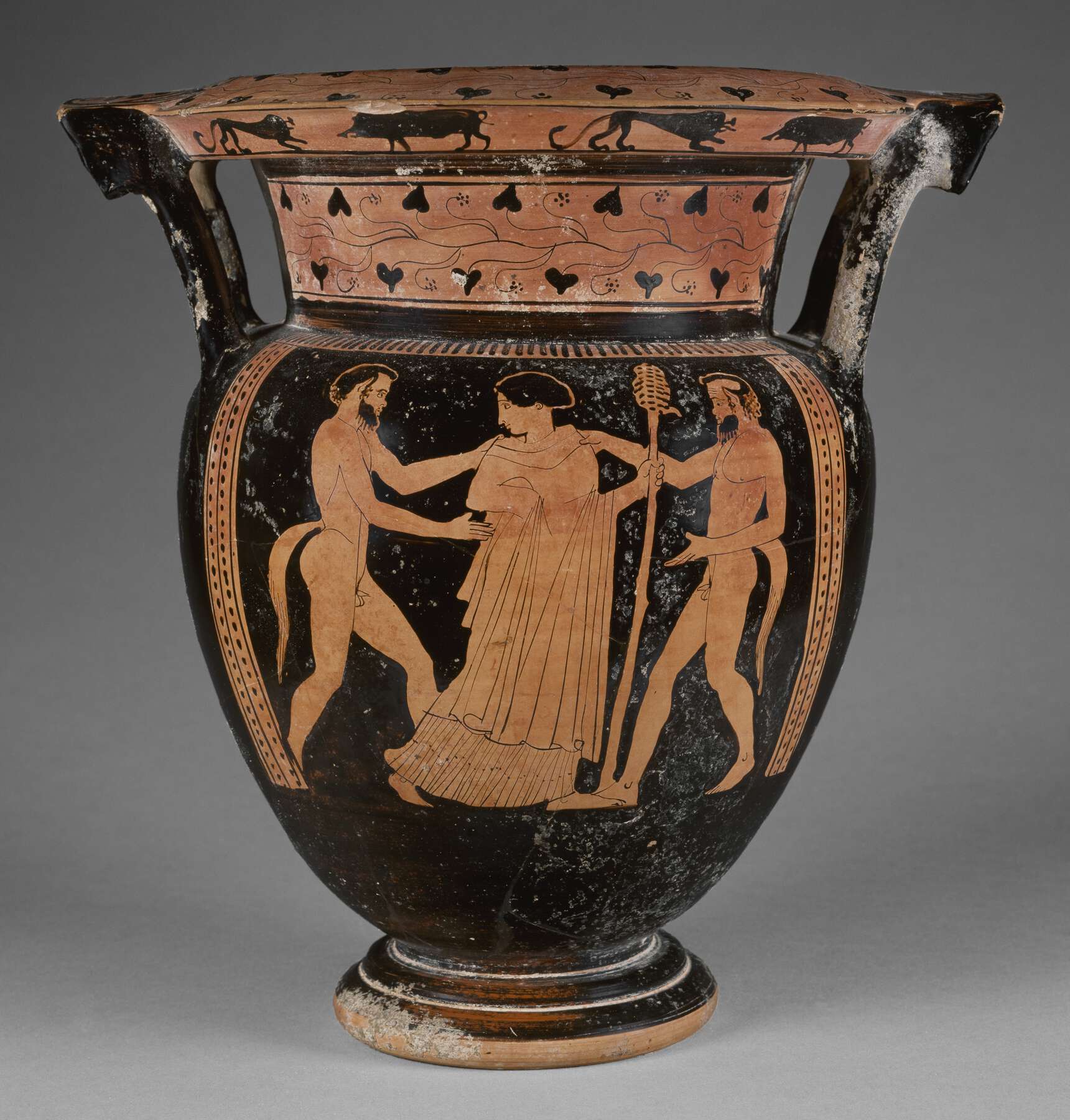 One view of a vase, with the body showing three people, two of them are naked and have tails