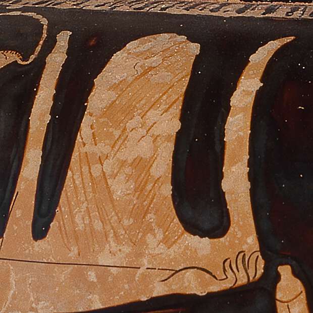 Detail of an object held by one of the men (possibly a crown)