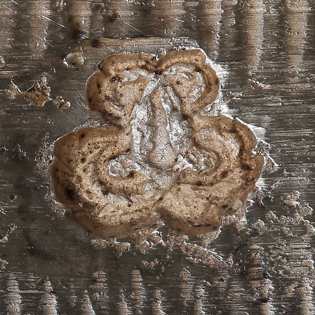 Close-up of a cipher with two entwined Ls attached to the girandole.