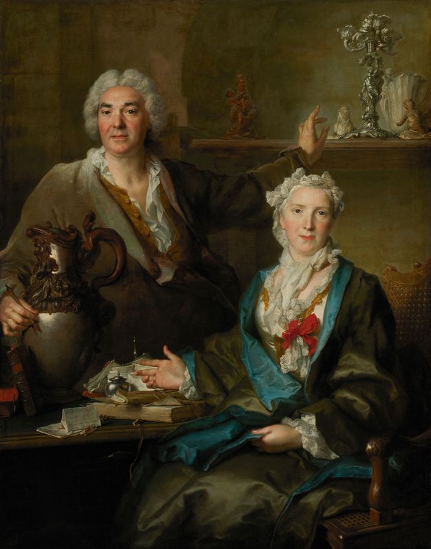 Oil painting of a man with a v-neck tunic holding a vessel standing next to a seated woman.