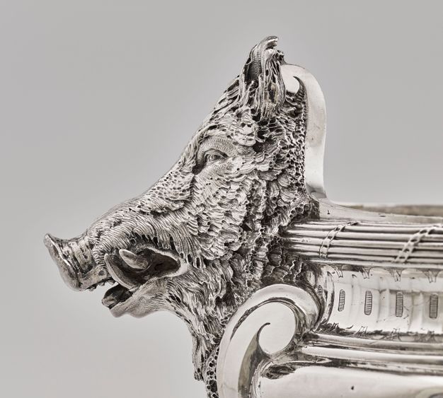 Close-up of the boar head with detailed features and textured fur.