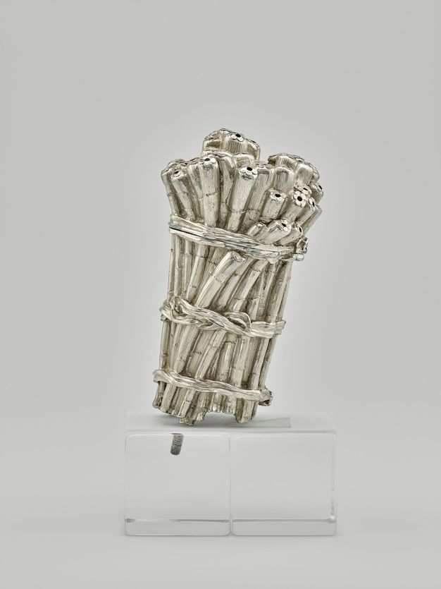 Silver-colored bundle of about 50 sugarcane stalks tied together by three bands.