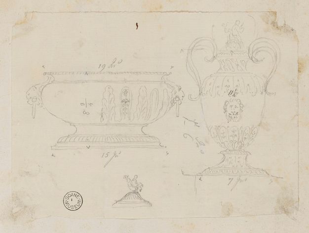 Sketch on paper of a cistern, fountain, and the fountain's lid, labelled with measurements.
