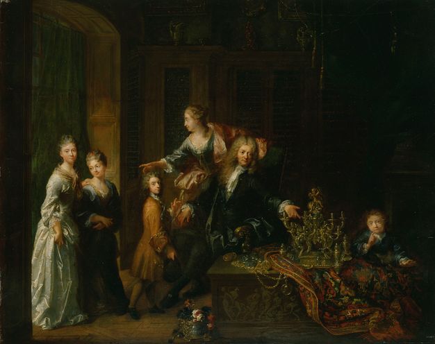 Oil painting of a family of six in a dark room featuring a silver centerpiece atop a colorful rug and various gold chains.