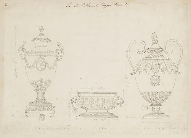 Sketch on paper of a vase, cistern, and fountain with measurements and the words For Sir Nathaniel Curzon Baronet at the top of the page.