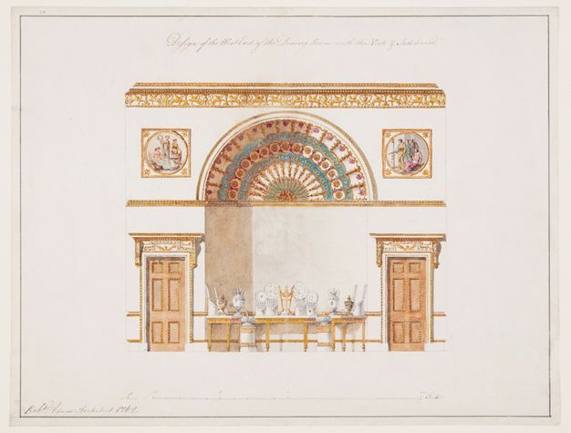 Pen, ink, and watercolor drawing of a dining room with gold moulding, an ornamented half-circle surrounded by paintings, and two doors framing a dining table displaying various plateware and silverware.