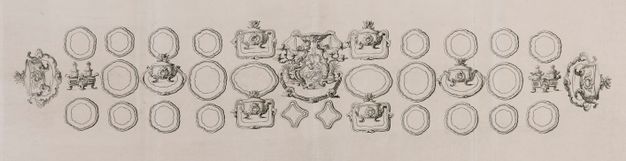 Drawing of a place setting for sixteen, complete with eight lidded tureens with stands and a centerpiece with girandoles and candelabra.