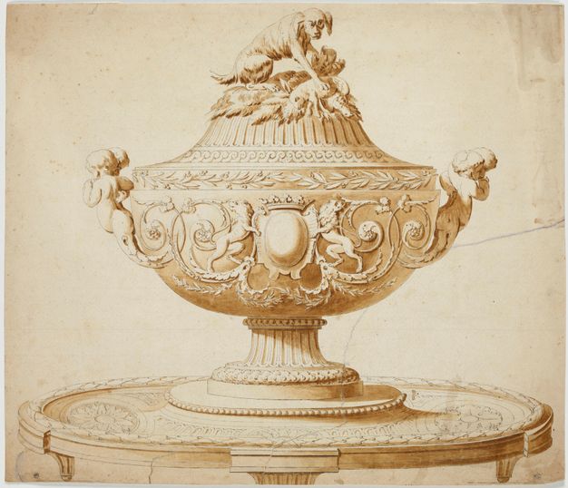 Drawing of a covered vase with a dog pawing a dead rabbit on the lid, two sets of two hugging putti as handles, lions flanking a crowned cartouche, and a column-shaped base that pans out into a wider circle.