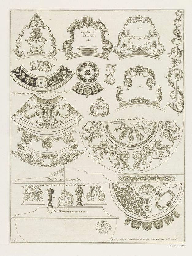 Engraving with designs for lidded bowls, including four drawings of handles, five lid ornamentation ideas, a side profile of the bowl, and several types of flourishes.