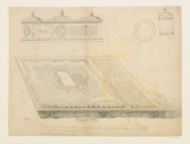 Pen and ink sketch of a lidded tray from two angles, a profile view featuring a female profile and an angled top-view with a coat of arms.