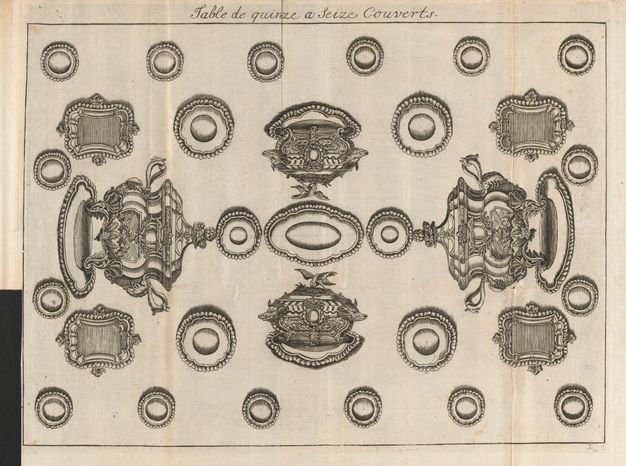 Engraving of a rectangular place setting from above with sixteen plates along the table's edge, one tray in each corner, one serving plate next to each tray, one tureen on each side, and three smaller trays in place of a centerpiece.