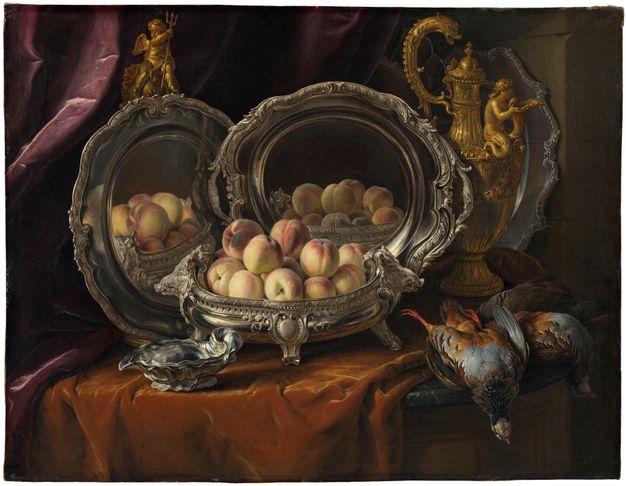 Oil painting of a boar-headed tureen filled with peaches in front of two trays, standing behind a sauce boat, and against a background of velvet fabric, gold decorations, and a pair of dead game birds.