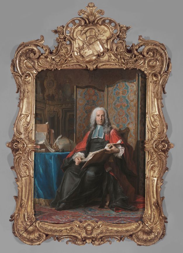 Pastel and gouache painting of a man in a white wig and red and black robes holding an open book.