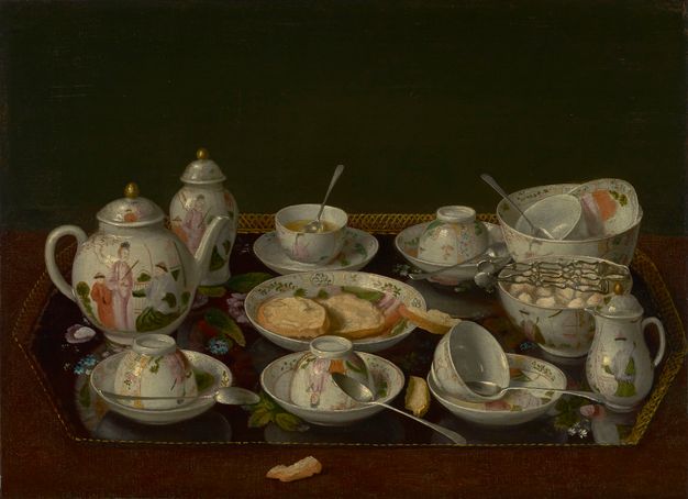 Oil painting of a tea set with pink, orange, and green figures with gold accents on a silver tray.