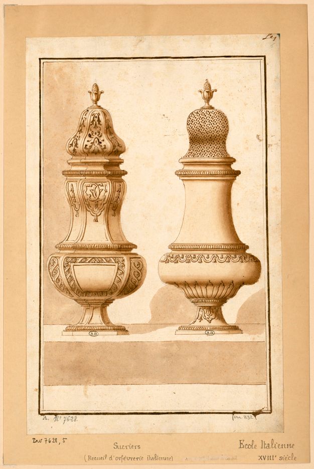 Drawing of two pear-shaped sugar casters, one with flourishes on its body and the other with an unmarked body.