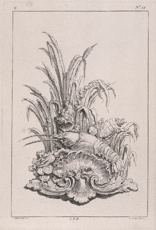 Etching of a lobster surrounded by tall plants, clams, and a big shell with leafy decorations.