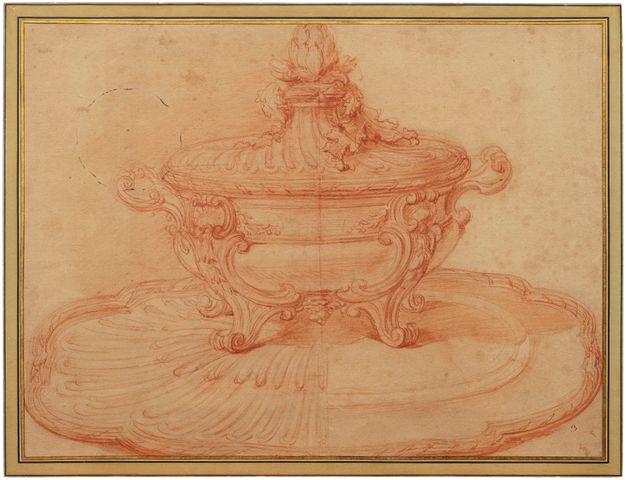 Drawing with red ink of a lidded tureen topped by an artichoke and a flower-shaped stand.