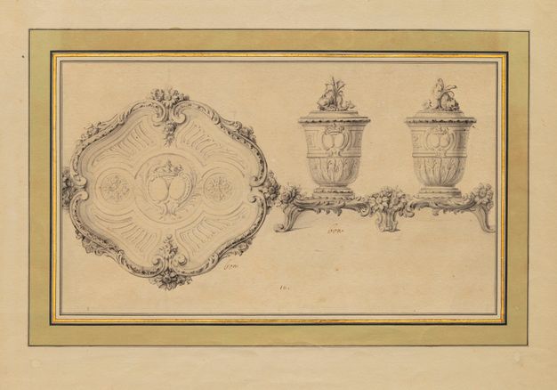 Drawing of a top view of a tray and a front view of two lidded beakers on a tray.