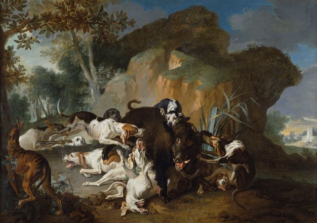 Oil painting of eleven dogs attacking a boar in the woods.