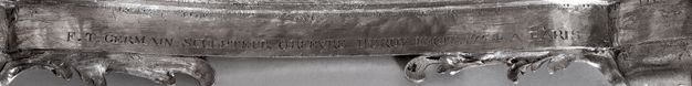 Close-up of the inscription F.T. GERMAIN . SCULPTEUR ORFEVRE DUROY FECIT . 1754 A PARIS scratched on the centerpiece's interior.