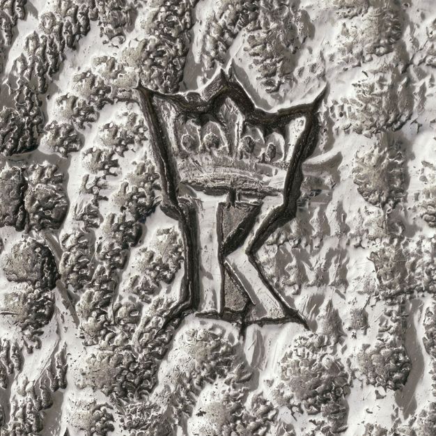 Close-up of a crowned K with serifs stamped on the tureen.