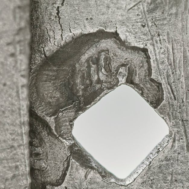 Close-up of a human foot behind a square stamped on the lid.