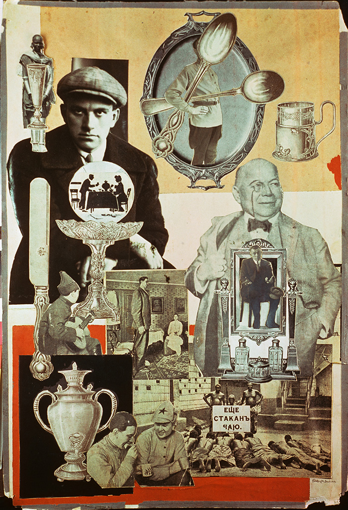 Collage of photographs showing Vladimir Mayakovsky surrounded by a silver samovar, cutlery, and trays; two soldiers enjoying tea; a giant man in a bourgeois parlor; and nine African men lying prostrate before three others who hold a sign that reads, in Cyrillic letters, “Another cup of tea.”