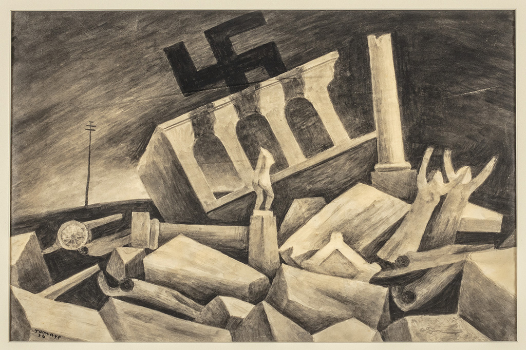 A nocturnal landscape of ruins in gray tones. The foreground is filled with fragments of buildings, a broken sculpture and columns, a cannon, and two columnar forms of falling women with their arms raised. From the windows of a tilted building, smoke rises to form a large swastika. Inscribed “Tamayo 36” at lower left.