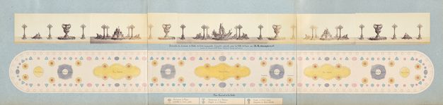Foldout pages with long panorama of sculptural and decorative forms arranged on a table, viewed in profile above a color-coded plan for their placement on the table.