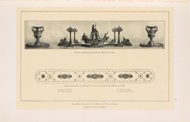 Black-and-white photograph from a book shown horizontally to feature an illustration of the central part of the table sculpture and, below it, the full plan of the placement on the table.