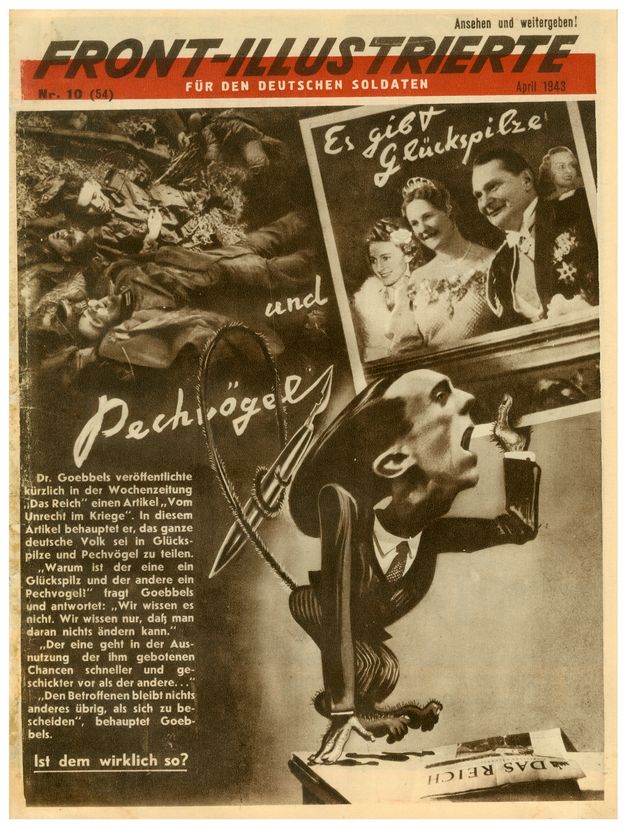 Front page of a German newspaper combining text, photographs, and drawn elements. A drawing of a monkey in a suit, with the face of Joseph Goebbels, holds a photograph of Hermann Goering seated in the company of women; behind the photograph is a pile of dead German soldiers.