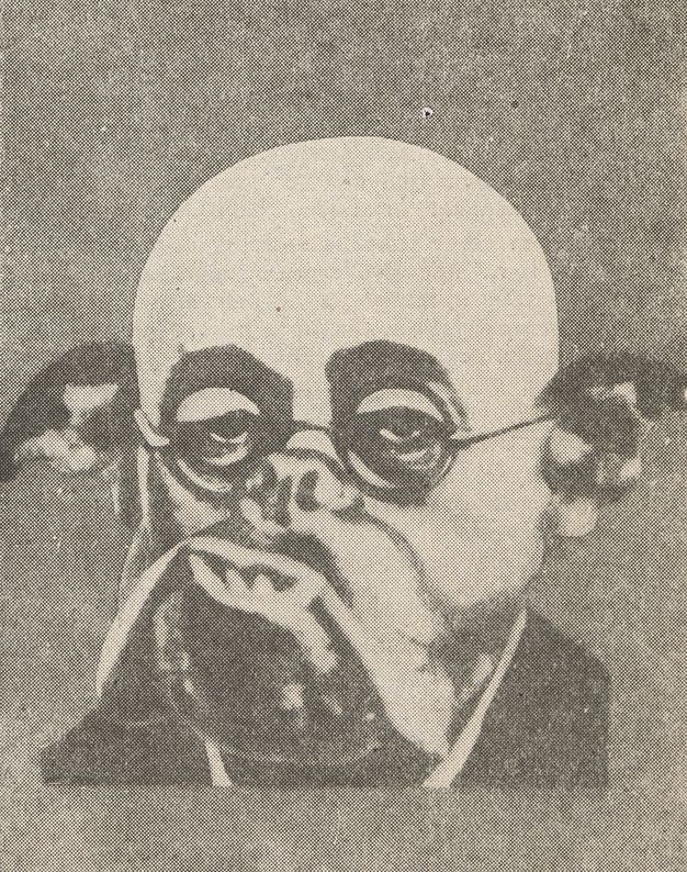 Black-and-white portrait from a newspaper page showing a bald man with deep-set eyes wearing glasses and a collared shirt. Pasted onto his likeness are the ears, nose, and jowls of a bulldog, with two canine teeth protruding from the lower jaw.