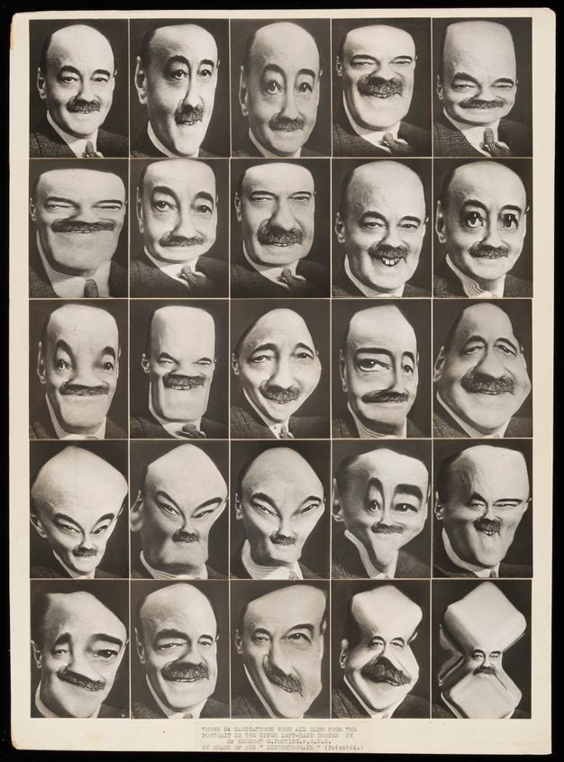 A single black-and-white photograph of the visage of a mustachioed man in a suit, repeated twenty-five times in a grid; each portrait exaggerates a different feature of his face or variously manipulates the shape of his head.