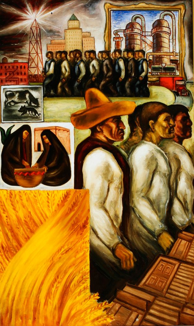 In the foreground, a group of four men in white shirts, including one with a sombrero, face the right of the composition, above portions of a wheatfield and pyramid. Other scenes of rural life appear as if pasted on the canvas. Smaller industrial workers and buildings fill the background. Colors are warm except for the blues of their overalls and framed sky.