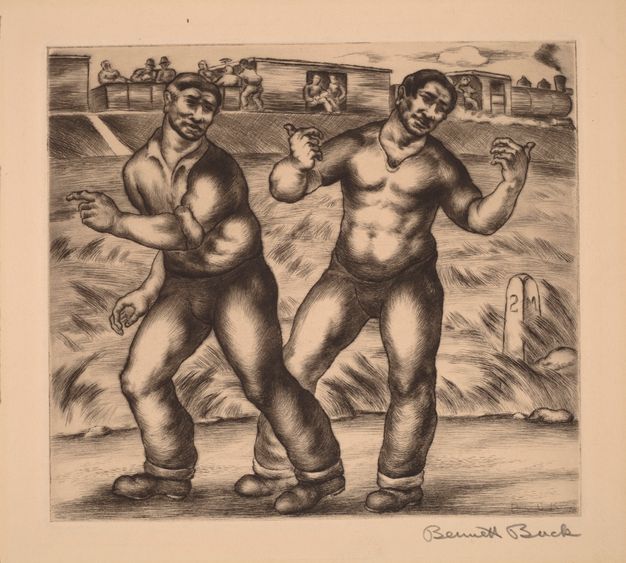 Black-and-white print of two muscular workers, rendered with soft lines, standing by the roadside. One holds both thumbs out, the other points to the left in the direction that he moves. In the distance a steam locomotive pulls boxcars filled with men. Signed “Bennett Buck” at lower right.